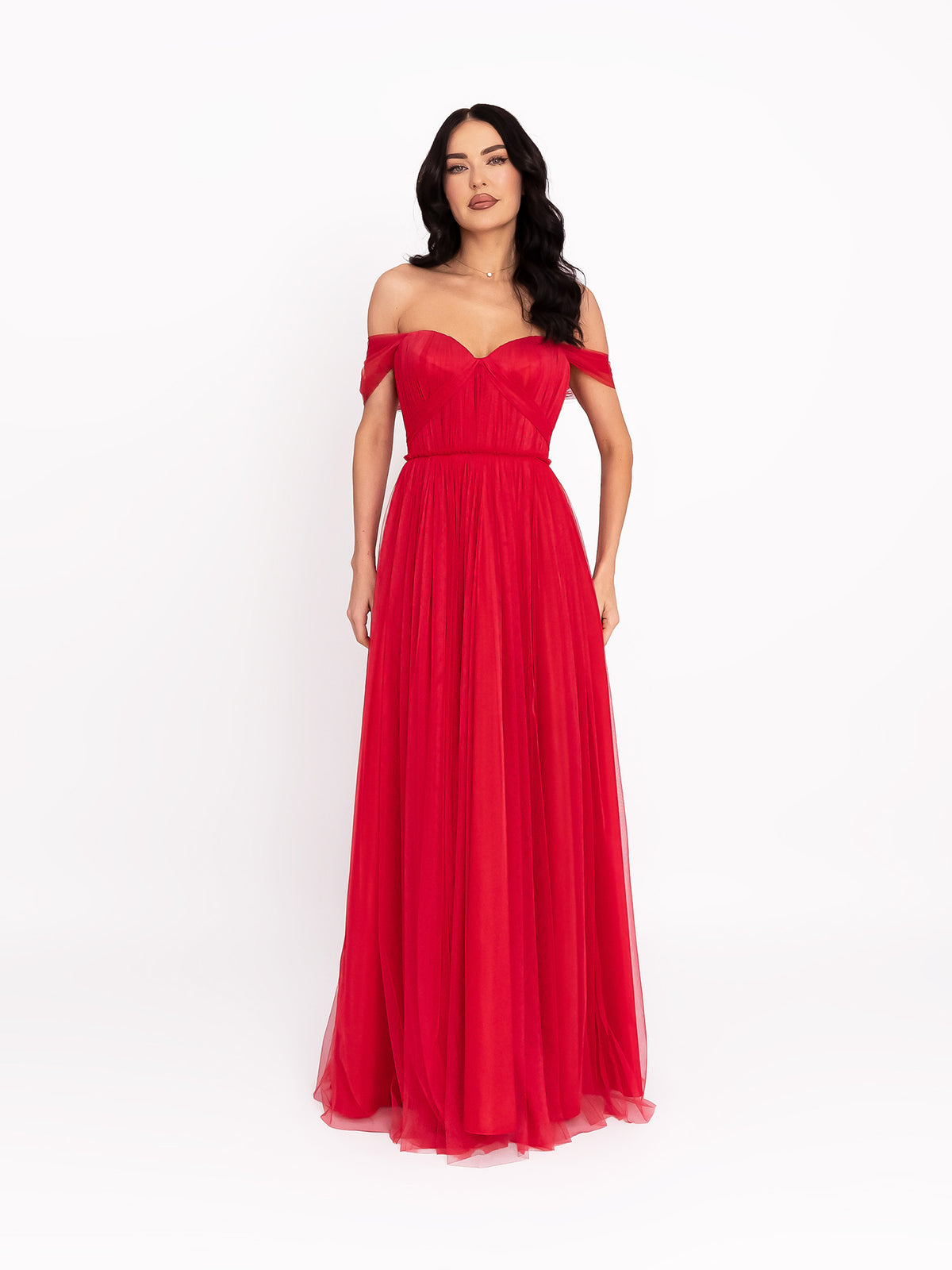 Tulle Dress with One-Shoulder Neckline, Red 2