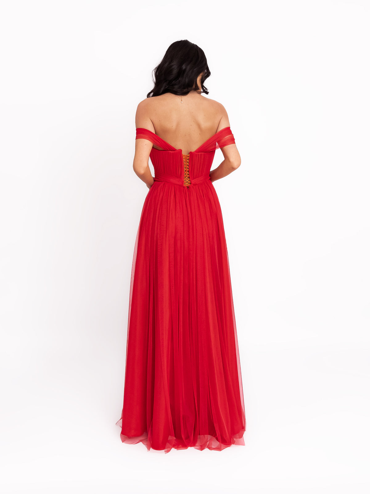 Tulle Dress with One-Shoulder Neckline, Red 4