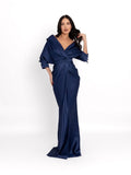 Draped Long Dress with V-Neckline, Navy Blue