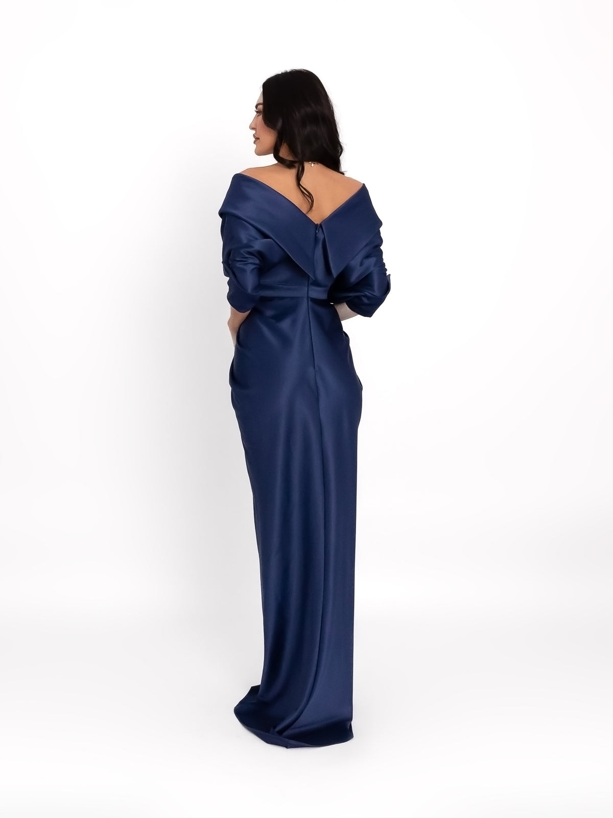 Draped Long Dress with V-Neckline, Navy Blue 5