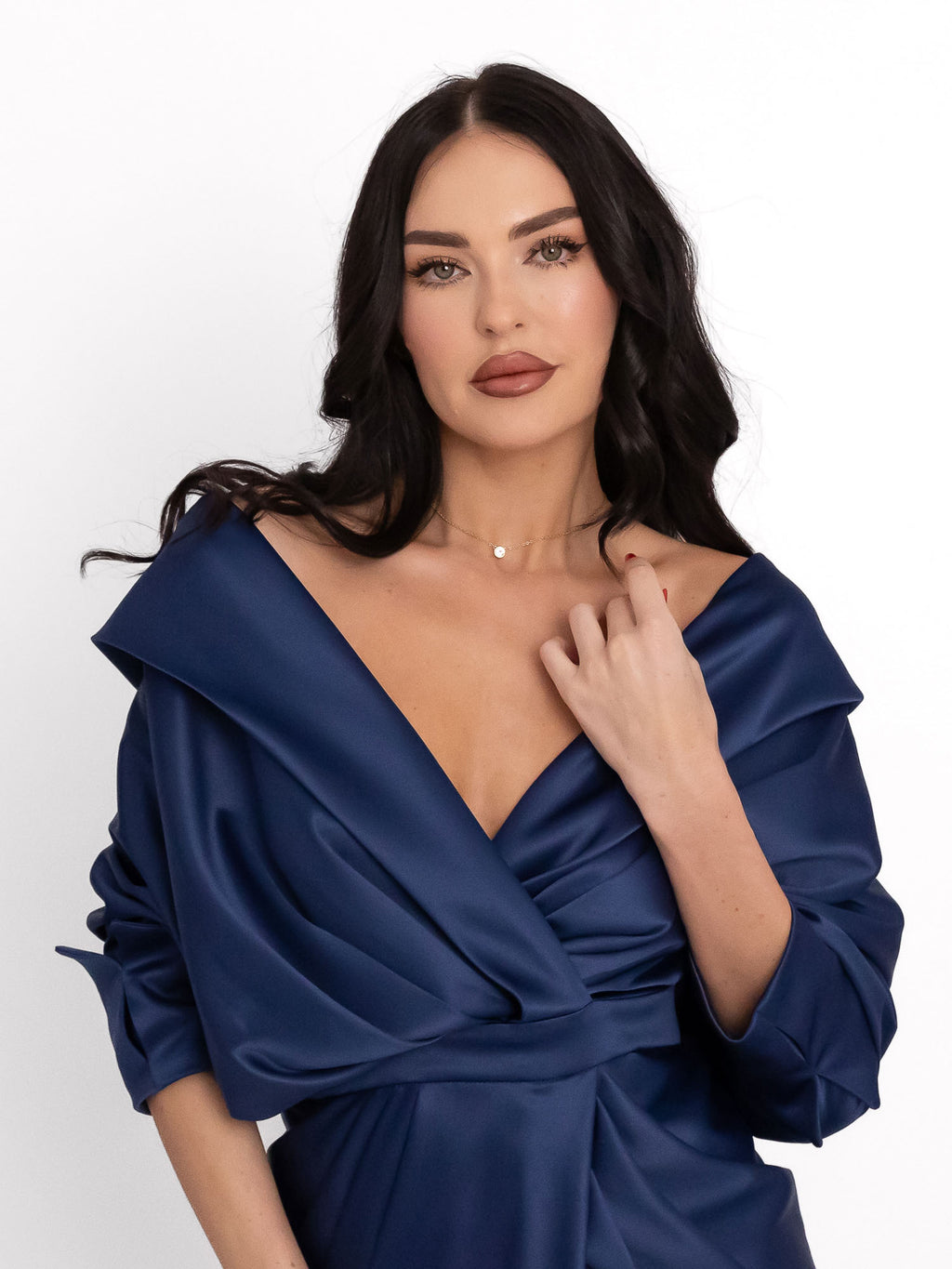 Draped Long Dress with V-Neckline, Navy Blue 2