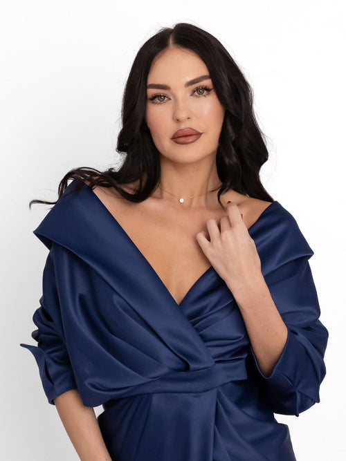 Draped Long Dress with V-Neckline, Navy Blue 2