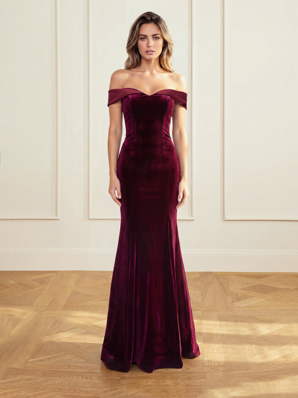Samtkleid mit One-Shoulder-Ausschnitt, Bordeaux