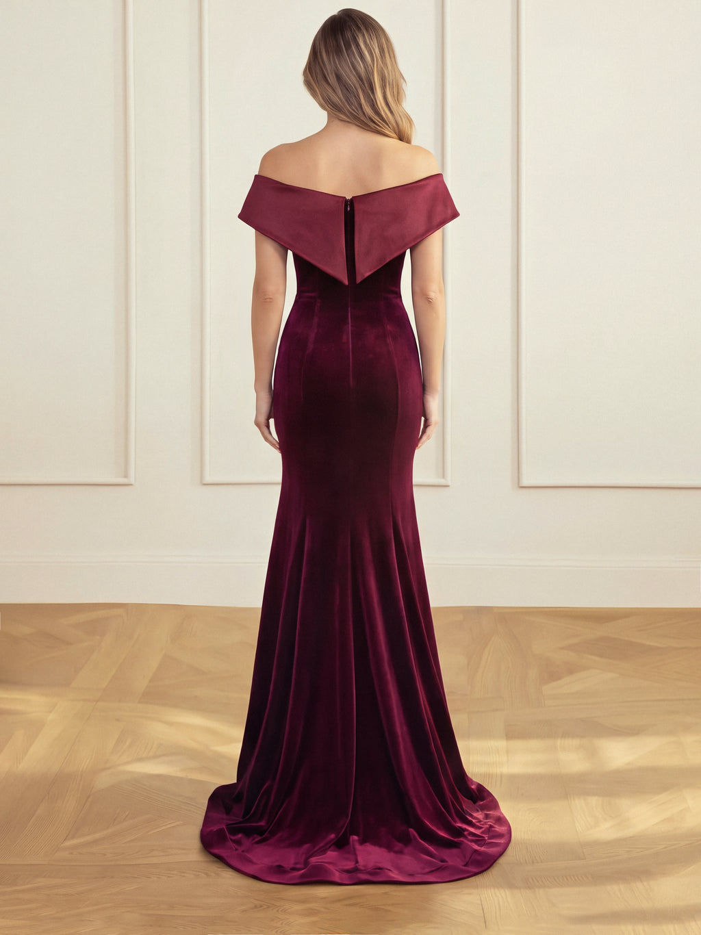 Samtkleid mit One-Shoulder-Ausschnitt, Bordeaux