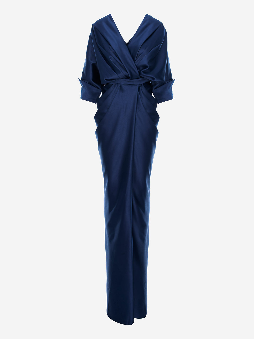 Draped Long Dress with V-Neckline, Navy Blue 6