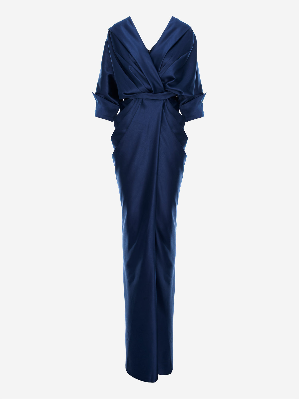 Draped Long Dress with V-Neckline, Navy Blue 6