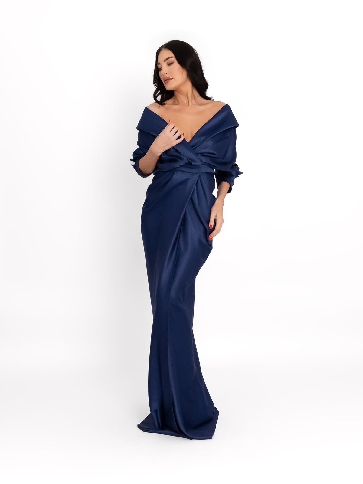 Draped Long Dress with V-Neckline, Navy Blue 3