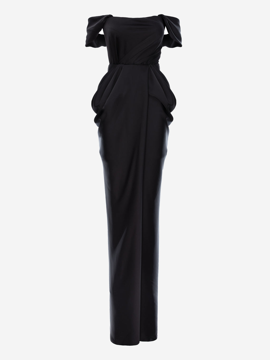 Rochie maxi drapata cu decolteu pe umeri, Negru 2