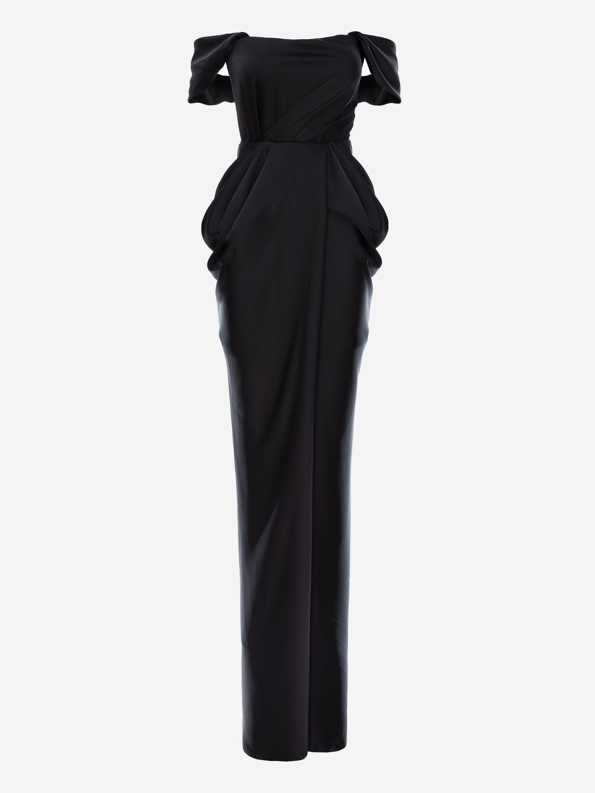 Rochie maxi drapata cu decolteu pe umeri, Negru 2