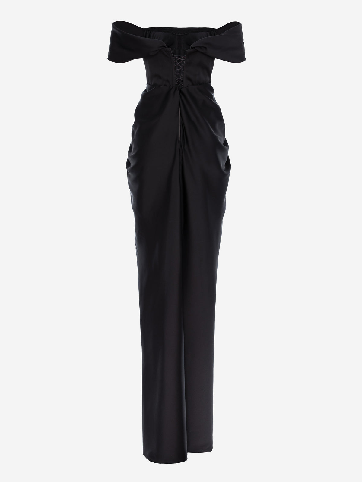 Rochie maxi drapata cu decolteu pe umeri, Negru 4