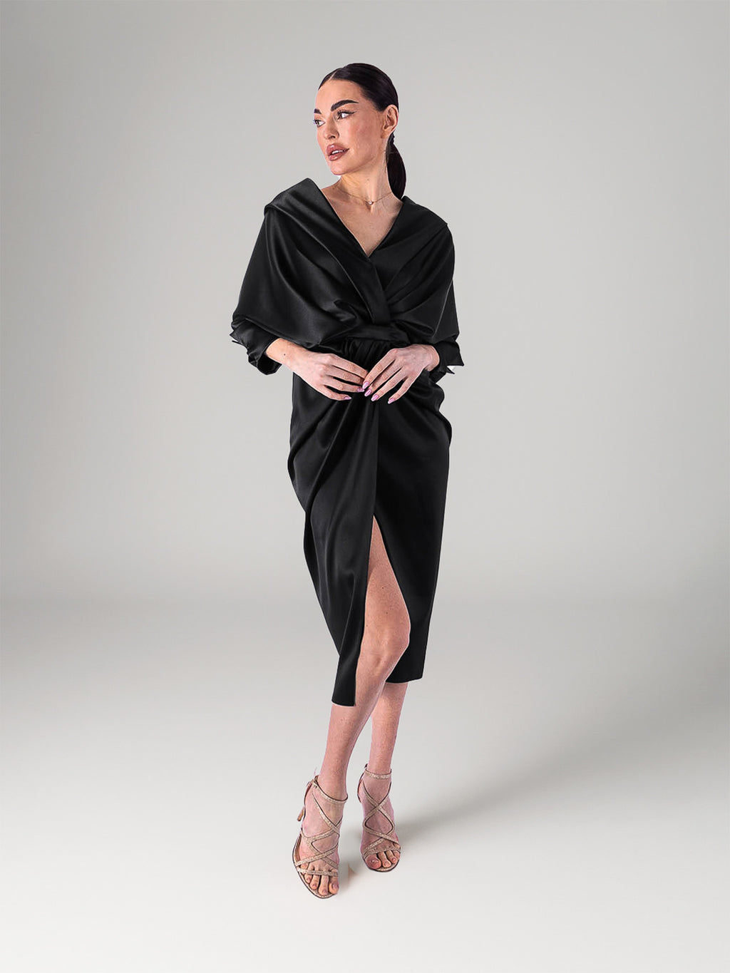 Draped Midi Dress, Black 2