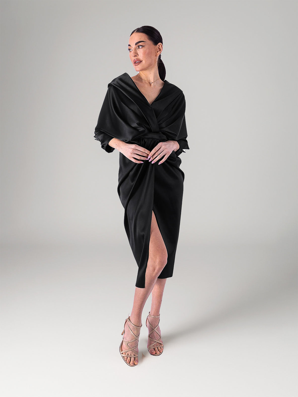 Draped Midi Dress, Black 2