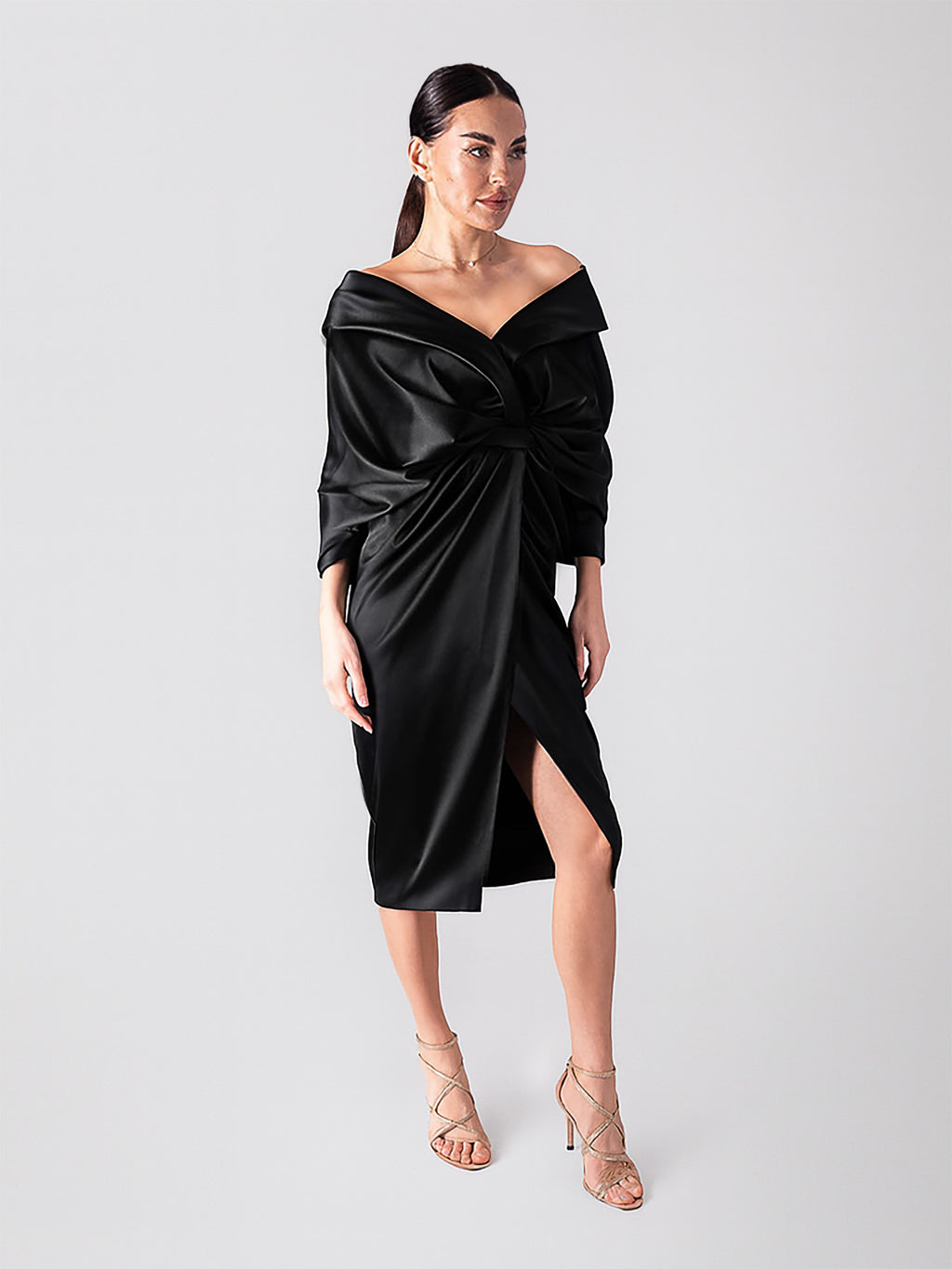 Draped Midi Dress, Black