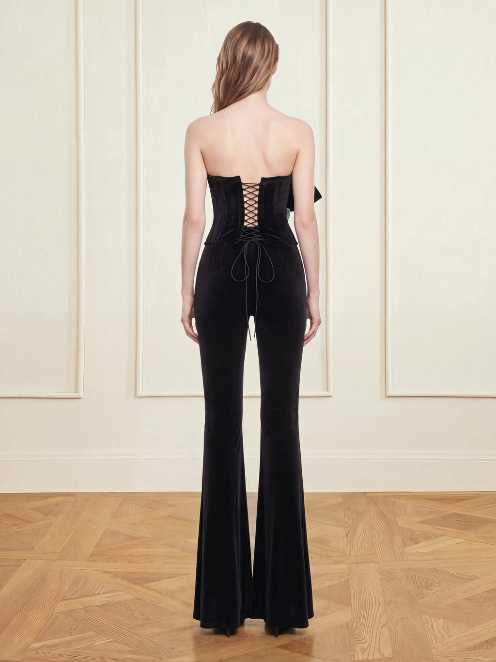 Set din catifea din patru piese: rochie, pantaloni, top și fustă, Negru