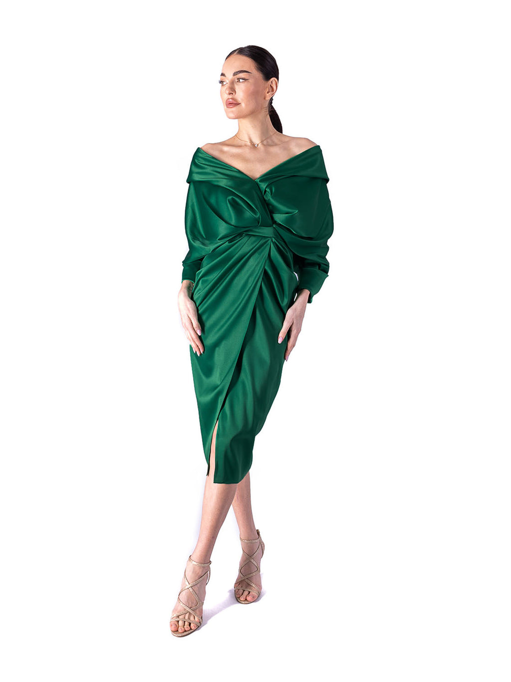 Draped Midi Dress, Dark Green