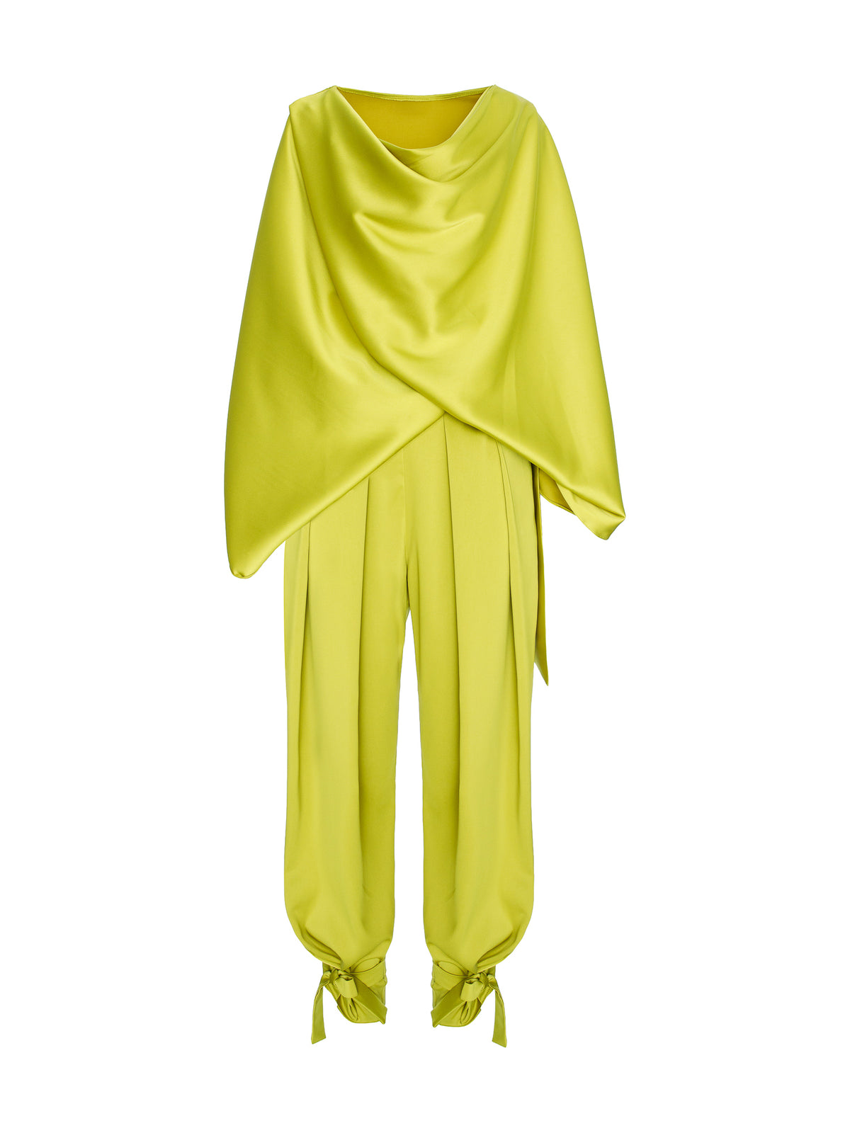 Satin Two-Piece Set with Draped Cape Top and Tie-Ankle Trousers, Olive Green 4