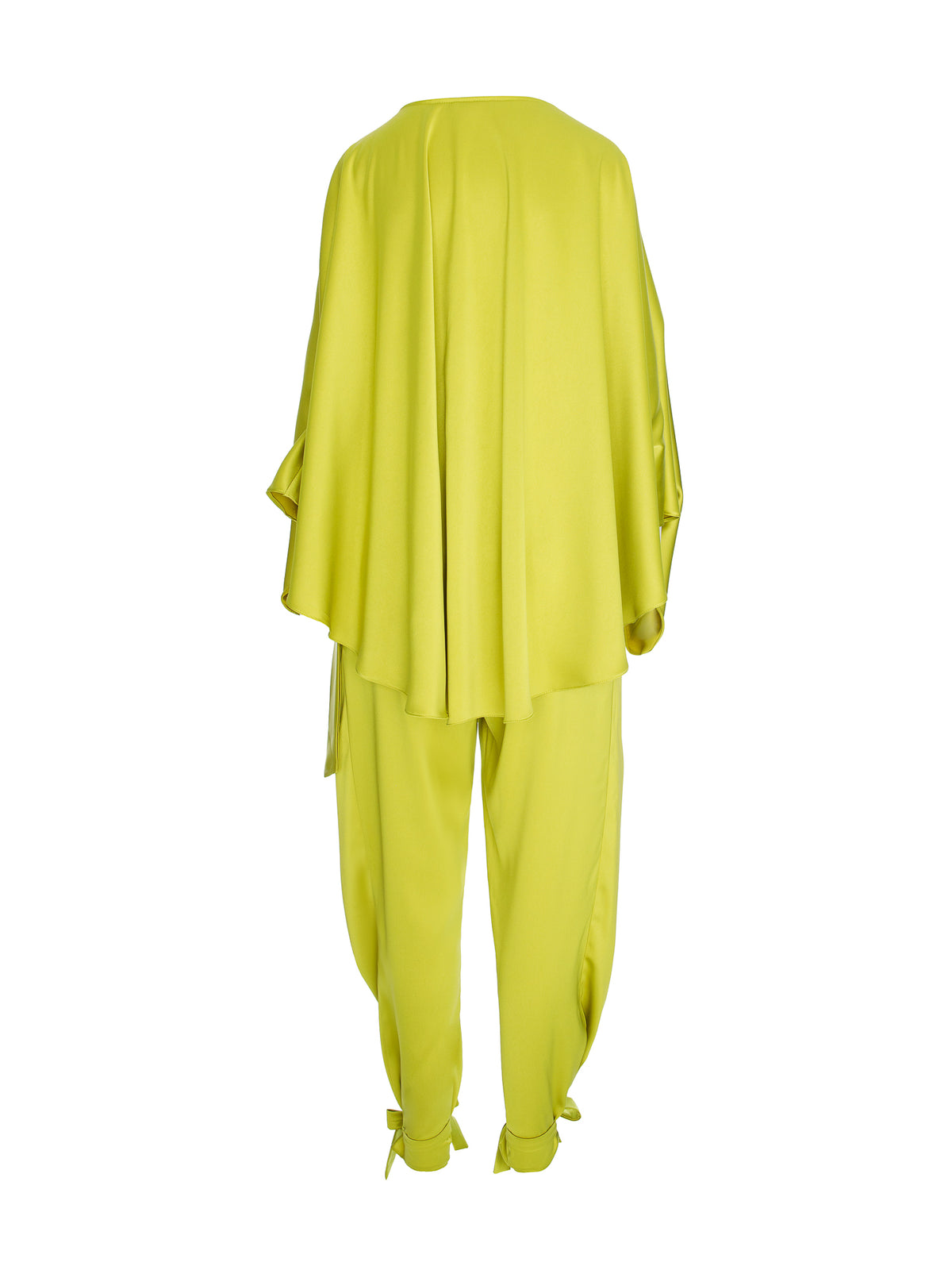 Satin Two-Piece Set with Draped Cape Top and Tie-Ankle Trousers, Olive Green 5
