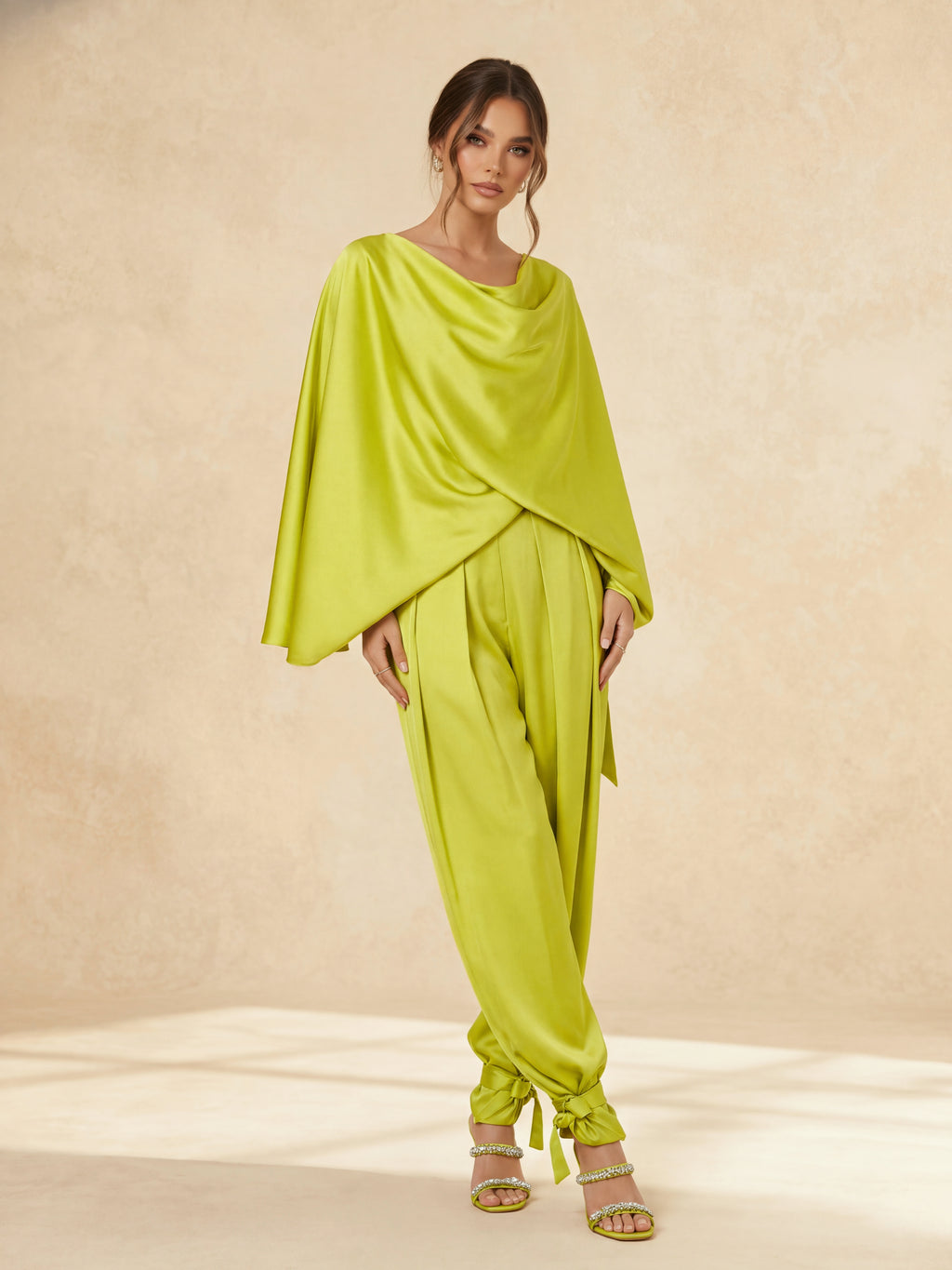 Satin Two-Piece Set with Draped Cape Top and Tie-Ankle Trousers, Olive Green 2