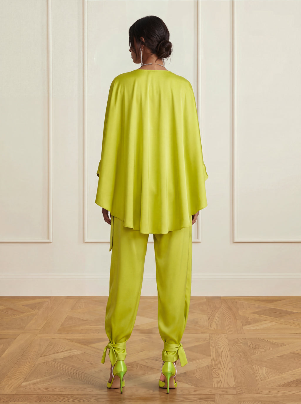 Satin Two-Piece Set with Draped Cape Top and Tie-Ankle Trousers, Olive Green 3