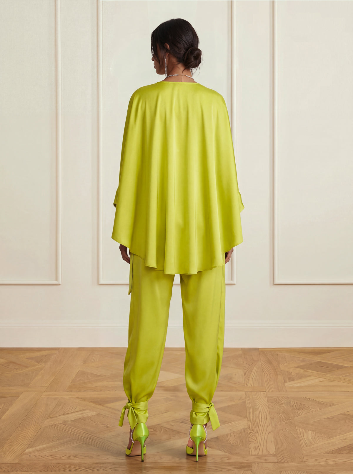 Satin Two-Piece Set with Draped Cape Top and Tie-Ankle Trousers, Olive Green 3