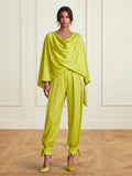 Satin Two-Piece Set with Draped Cape Top and Tie-Ankle Trousers, Olive Green