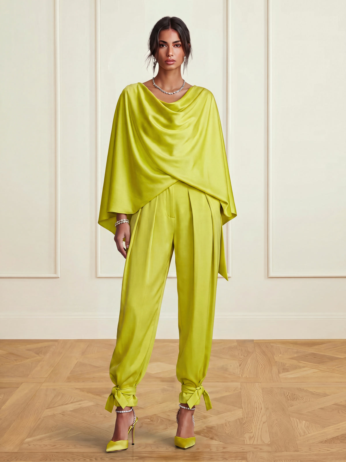 Satin Two-Piece Set with Draped Cape Top and Tie-Ankle Trousers, Olive Green