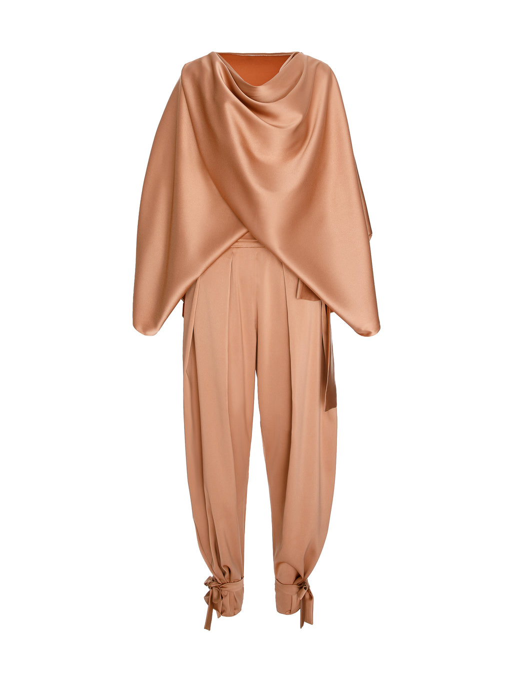Satin Two-Piece Set with Draped Cape Top and Tie-Ankle Trousers, Beige 2