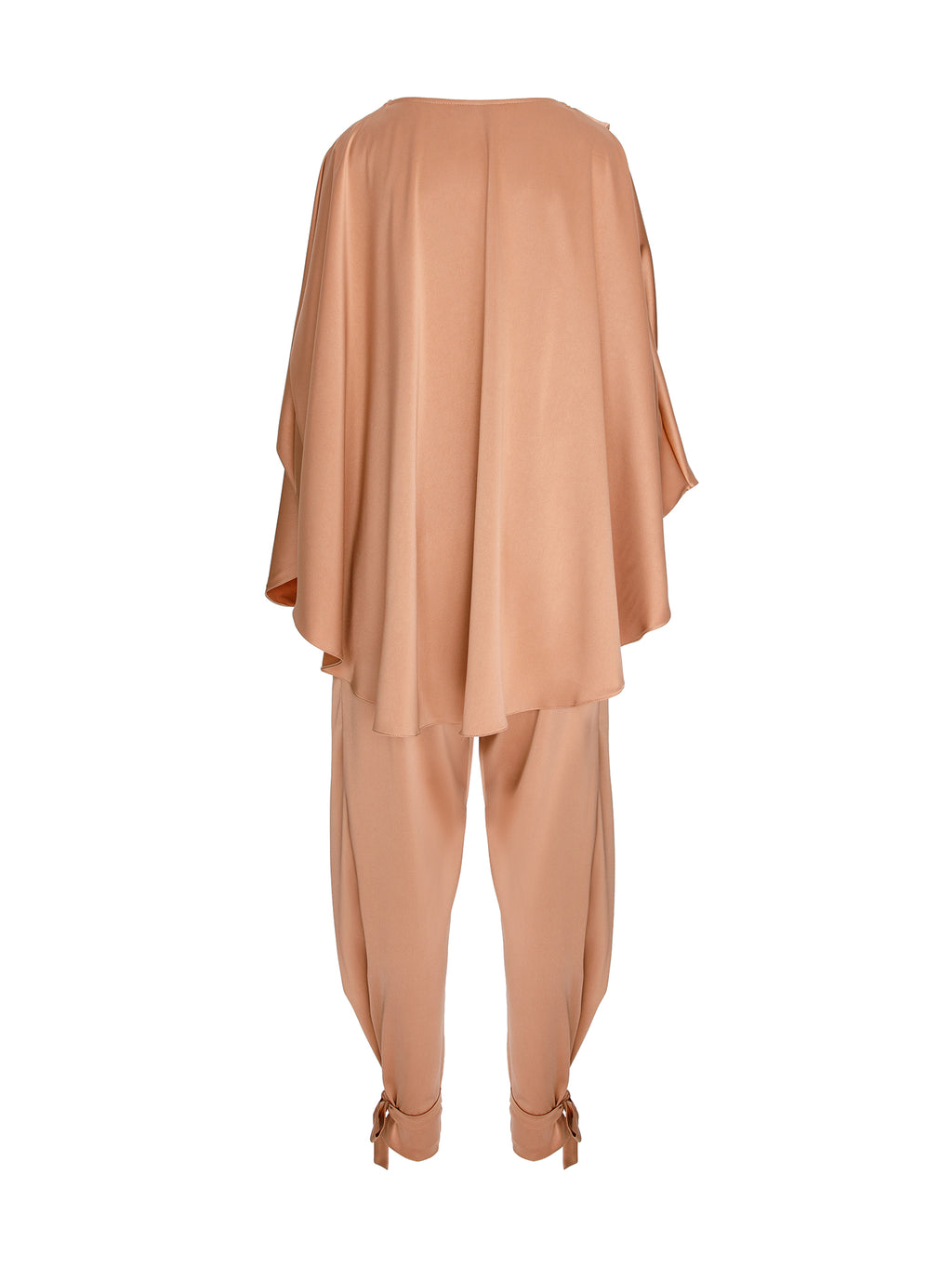 Satin Two-Piece Set with Draped Cape Top and Tie-Ankle Trousers, Beige 5