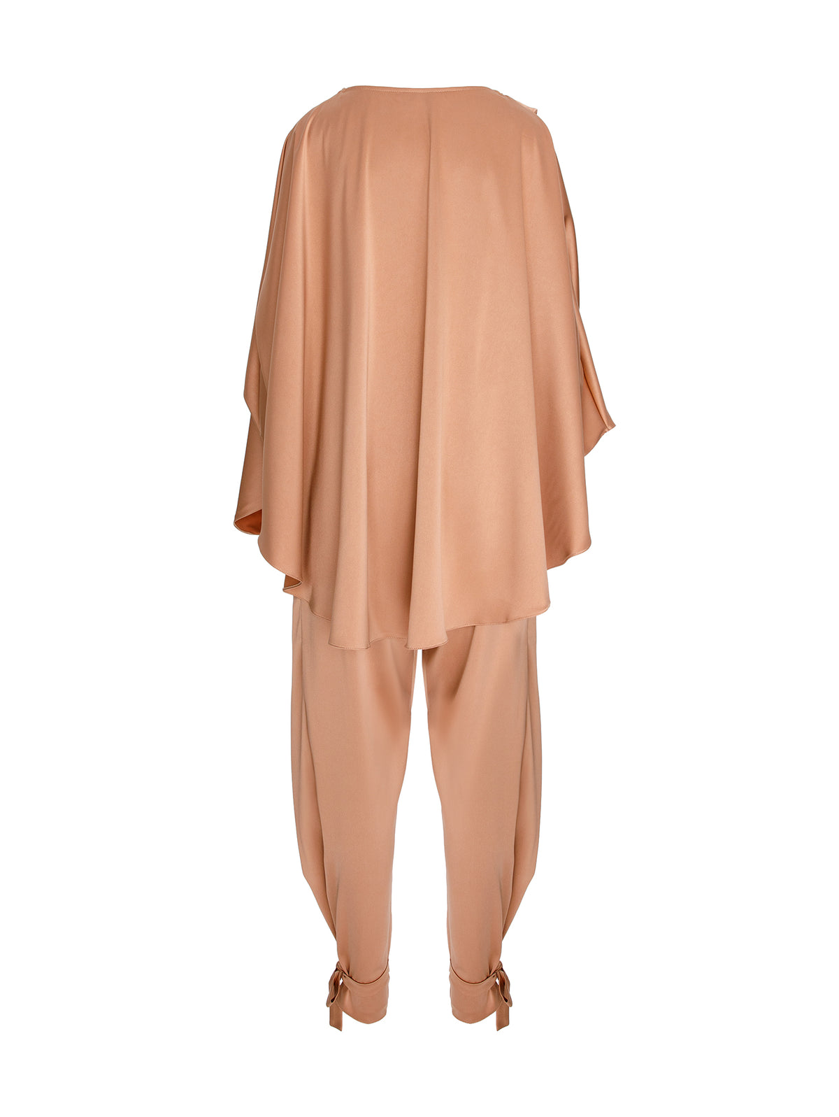 Satin Two-Piece Set with Draped Cape Top and Tie-Ankle Trousers, Beige 5