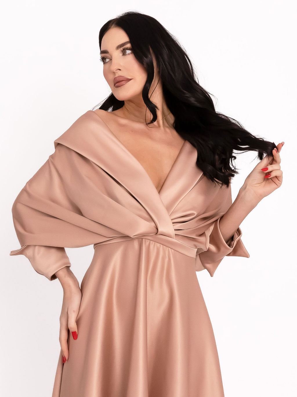 Flared Satin Midi Dress, Beige 5