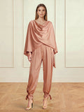 Satin Two-Piece Set with Draped Cape Top and Tie-Ankle Trousers, Beige