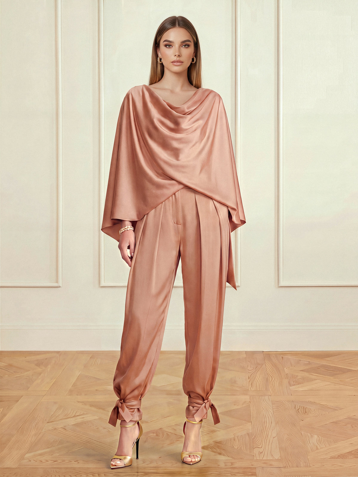 Satin Two-Piece Set with Draped Cape Top and Tie-Ankle Trousers, Beige