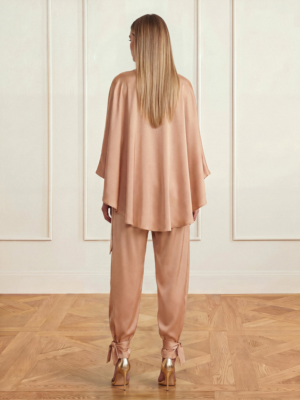 Satin Two-Piece Set with Draped Cape Top and Tie-Ankle Trousers, Beige 3