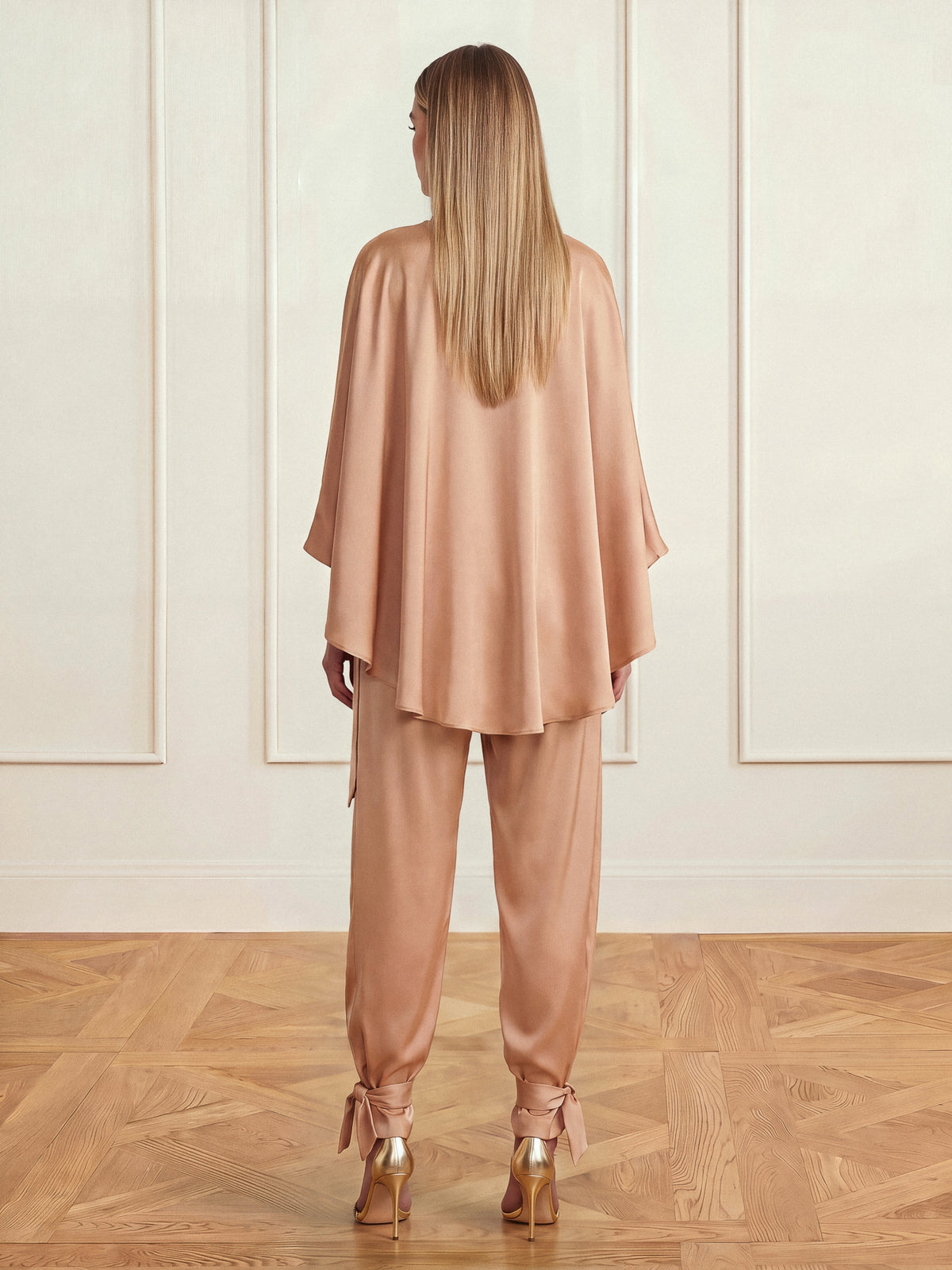 Satin Two-Piece Set with Draped Cape Top and Tie-Ankle Trousers, Beige 3