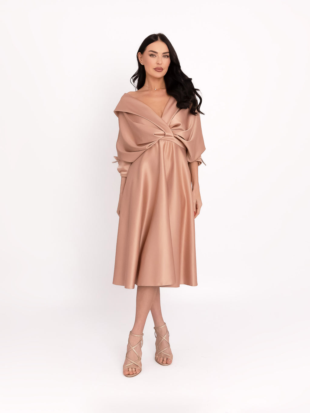 Flared Satin Midi Dress, Beige 8