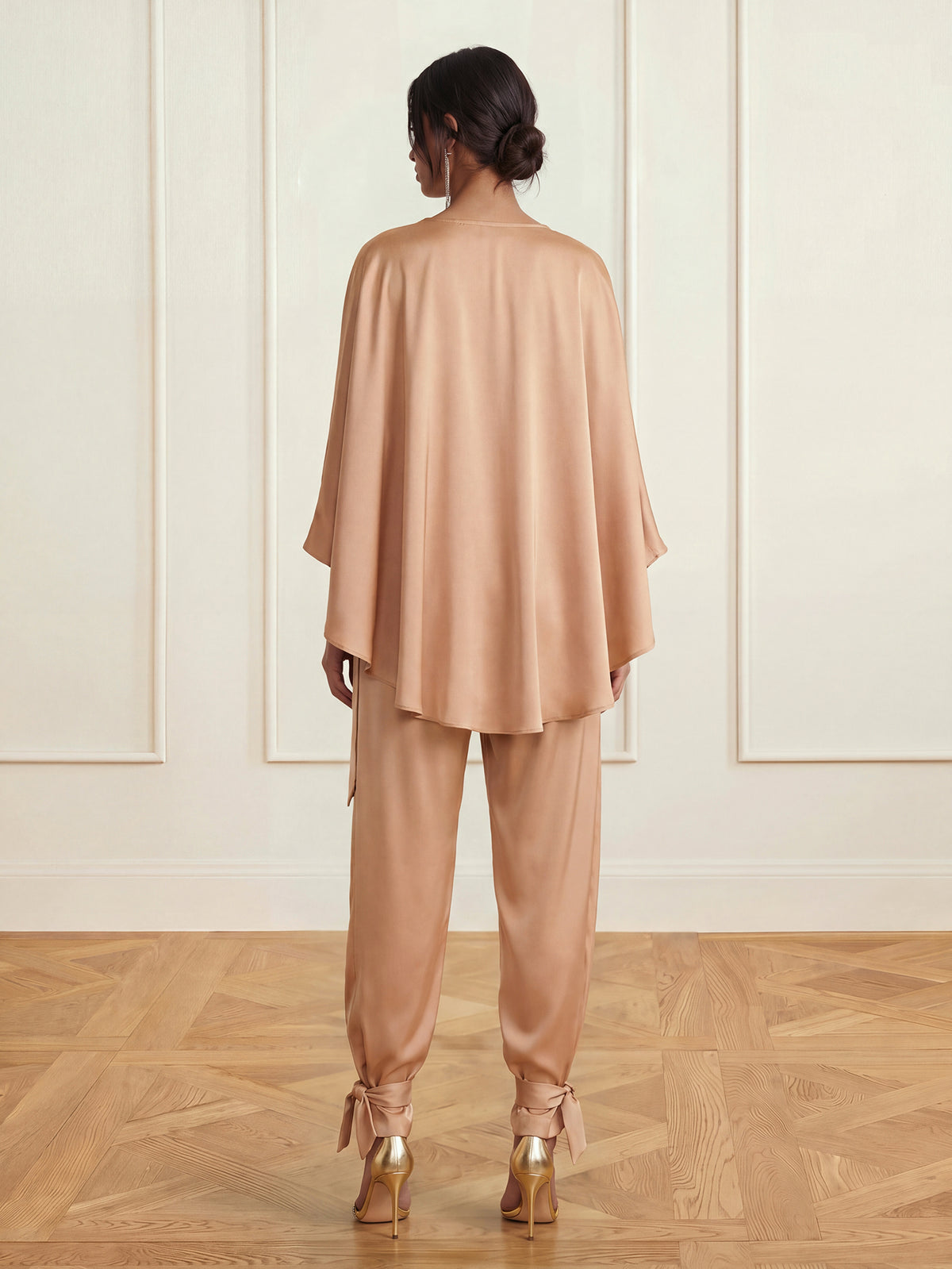 Satin Two-Piece Set with Draped Cape Top and Tie-Ankle Trousers, Beige 4