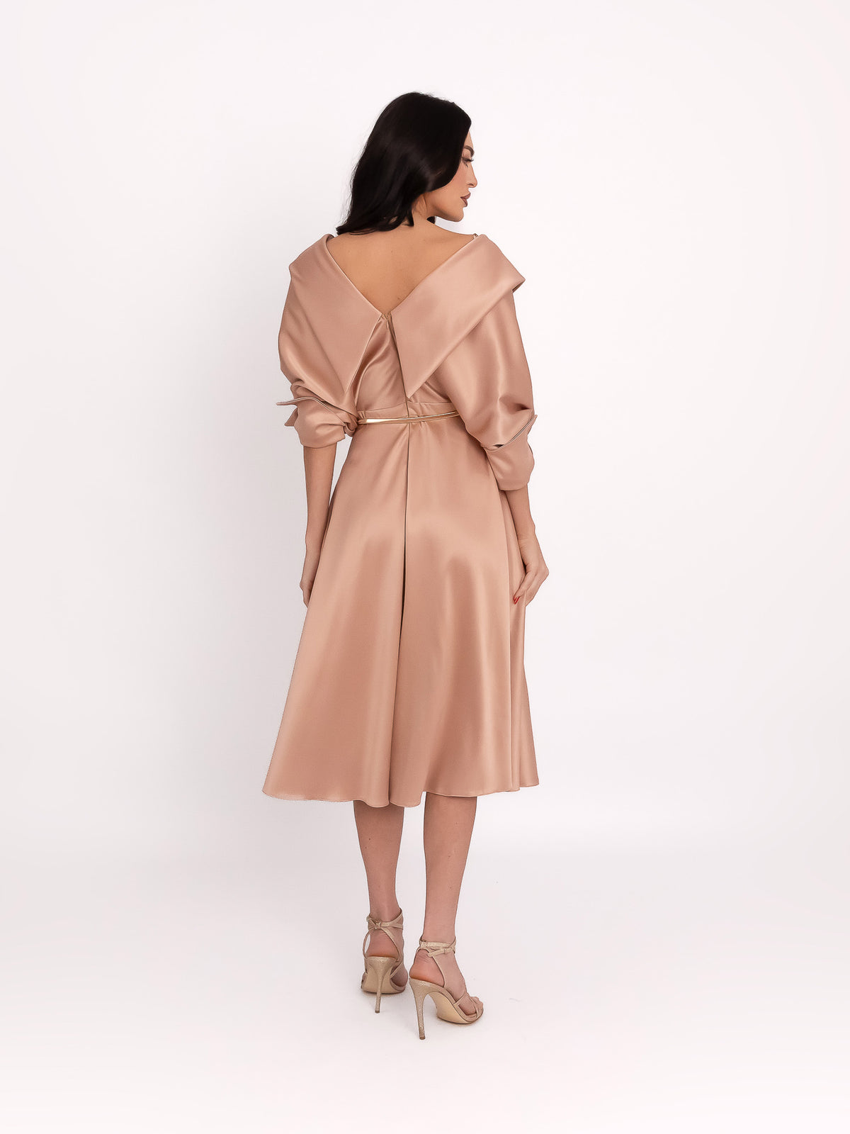 Flared Satin Midi Dress, Beige 6