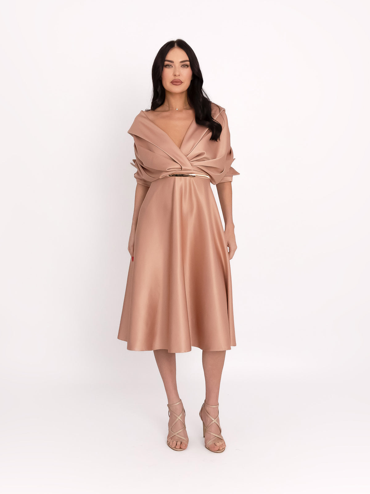 Flared Satin Midi Dress, Beige