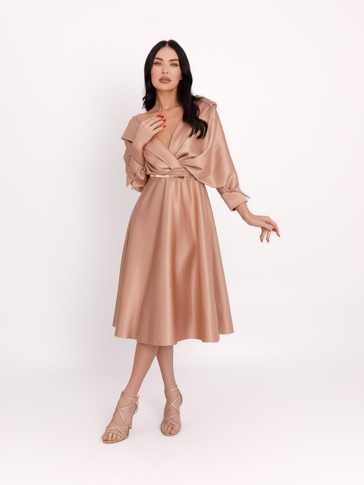Flared Satin Midi Dress, Beige 3