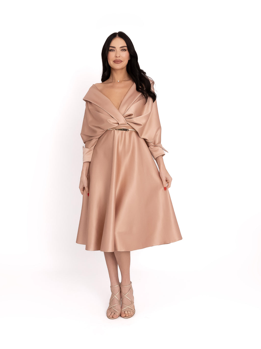 Flared Satin Midi Dress, Beige 7