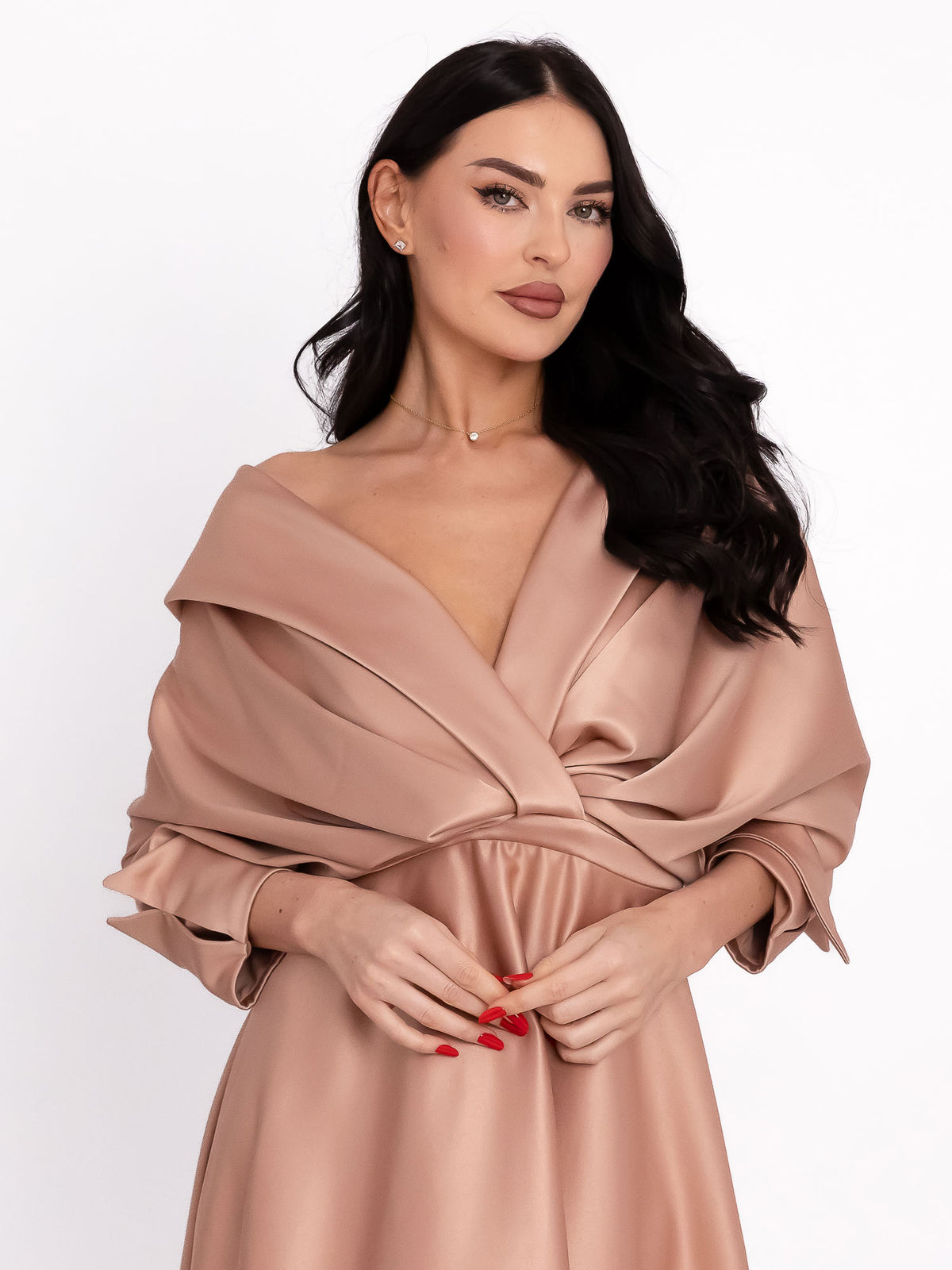 Flared Satin Midi Dress, Beige 4