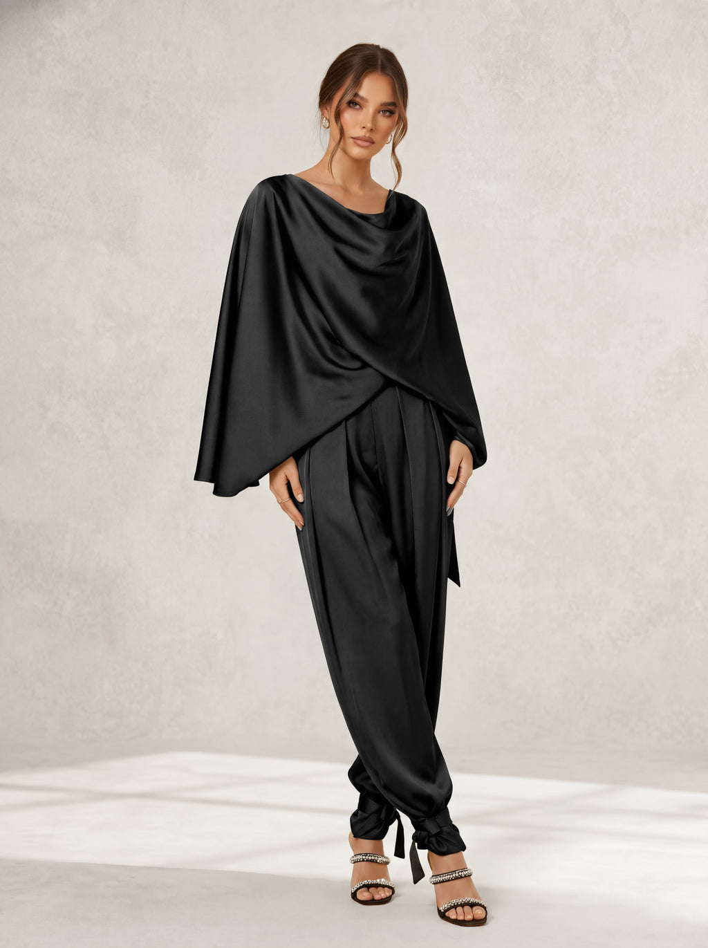 Satin Two-Piece Set with Draped Cape Top and Tie-Ankle Trousers, Black