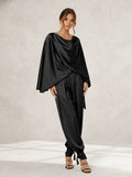 Satin Two-Piece Set with Draped Cape Top and Tie-Ankle Trousers, Black