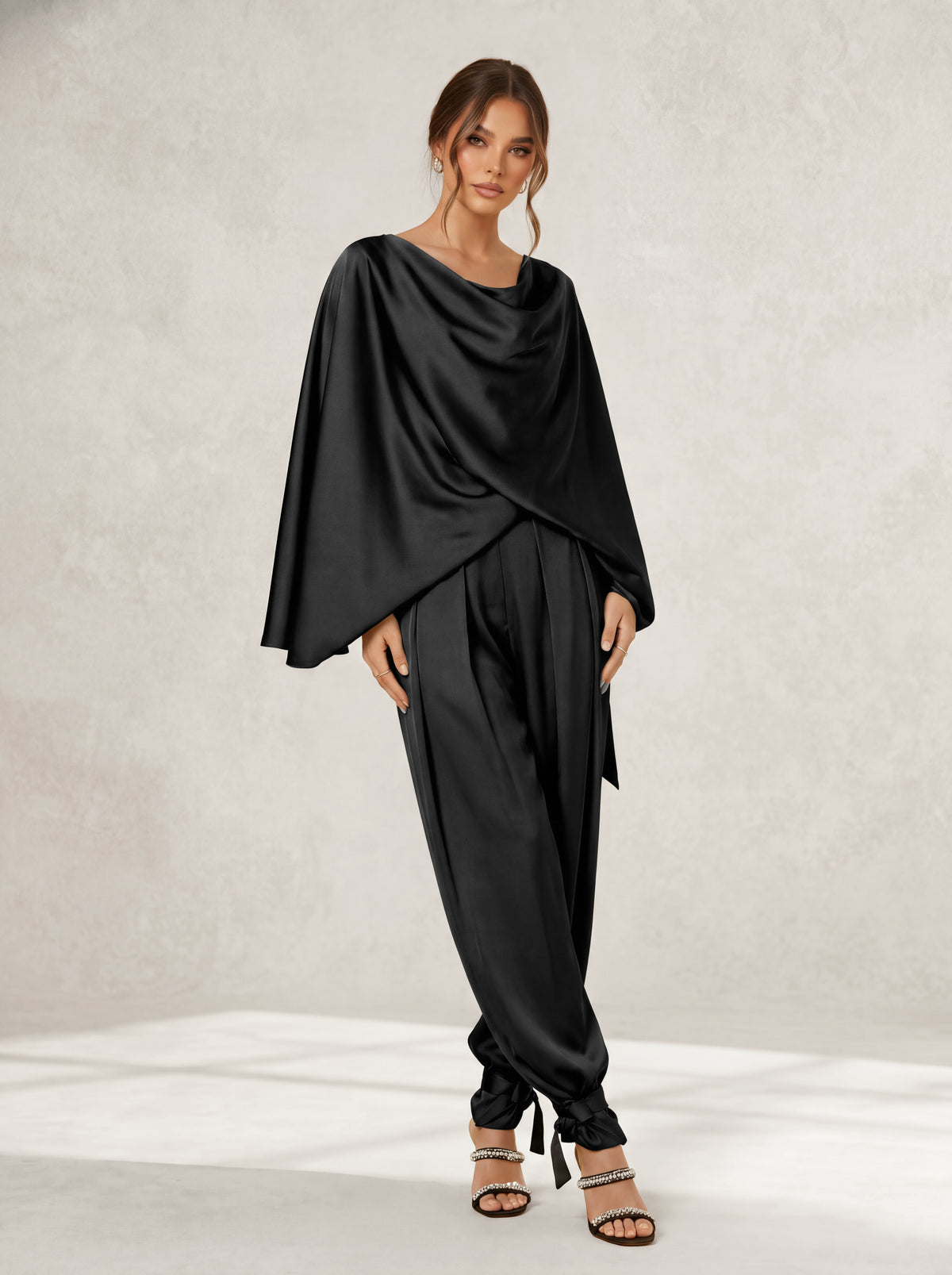 Satin Two-Piece Set with Draped Cape Top and Tie-Ankle Trousers, Black