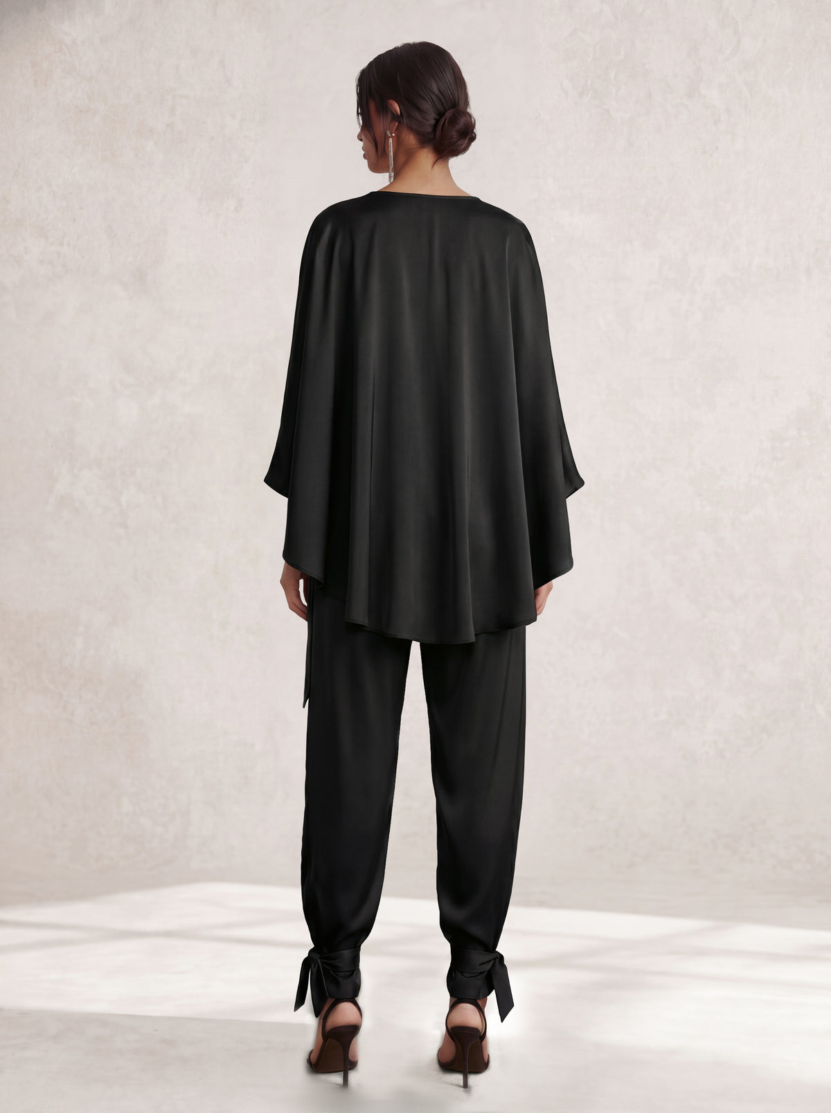 Satin Two-Piece Set with Draped Cape Top and Tie-Ankle Trousers, Black 2