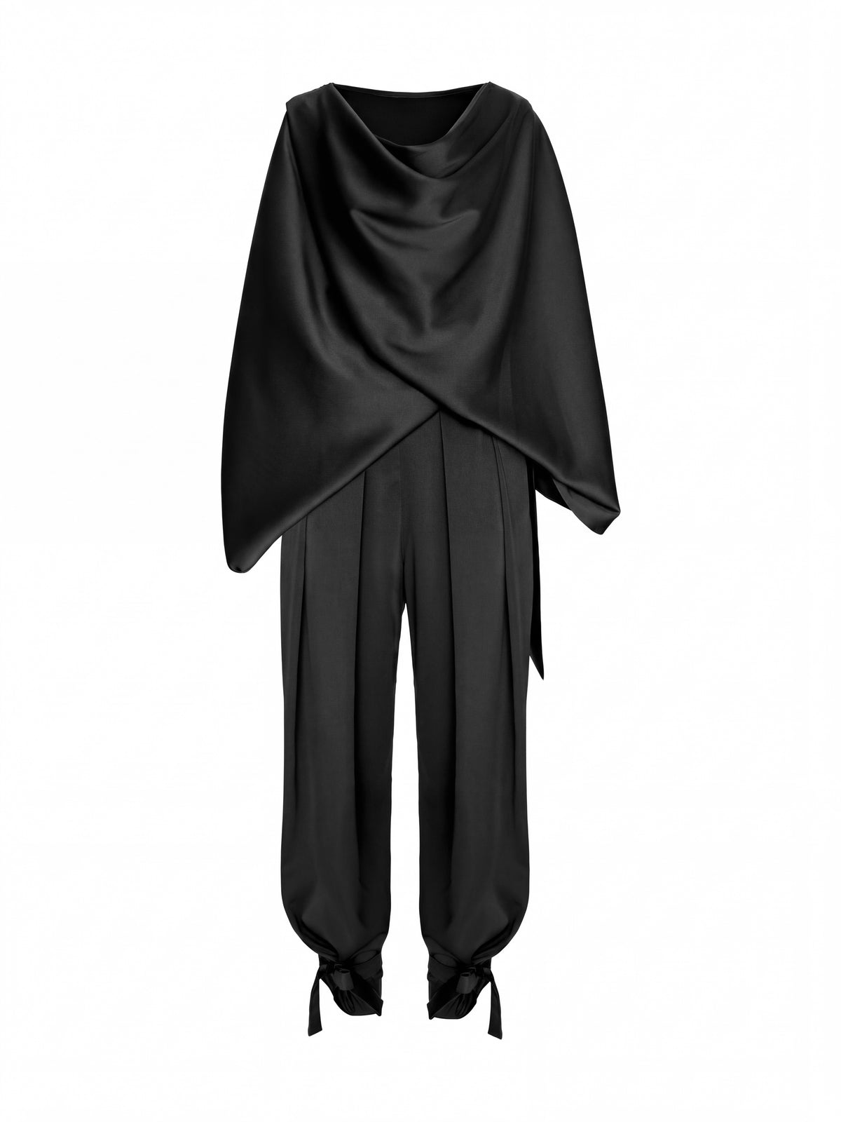 Satin Two-Piece Set with Draped Cape Top and Tie-Ankle Trousers, Black 3