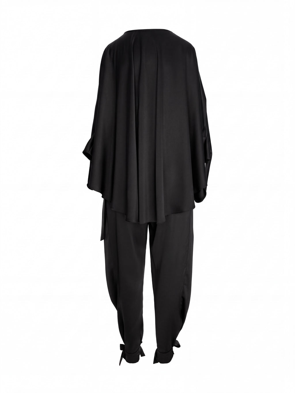 Satin Two-Piece Set with Draped Cape Top and Tie-Ankle Trousers, Black 4