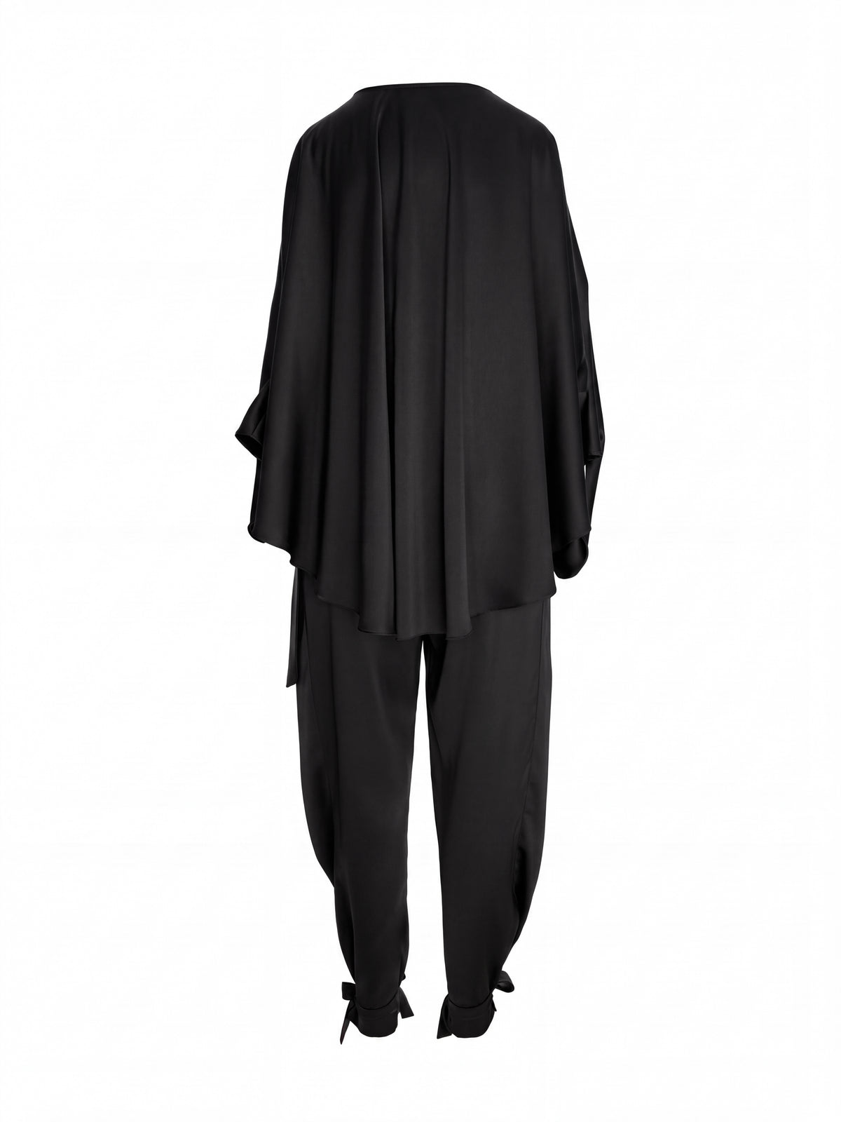 Satin Two-Piece Set with Draped Cape Top and Tie-Ankle Trousers, Black 4