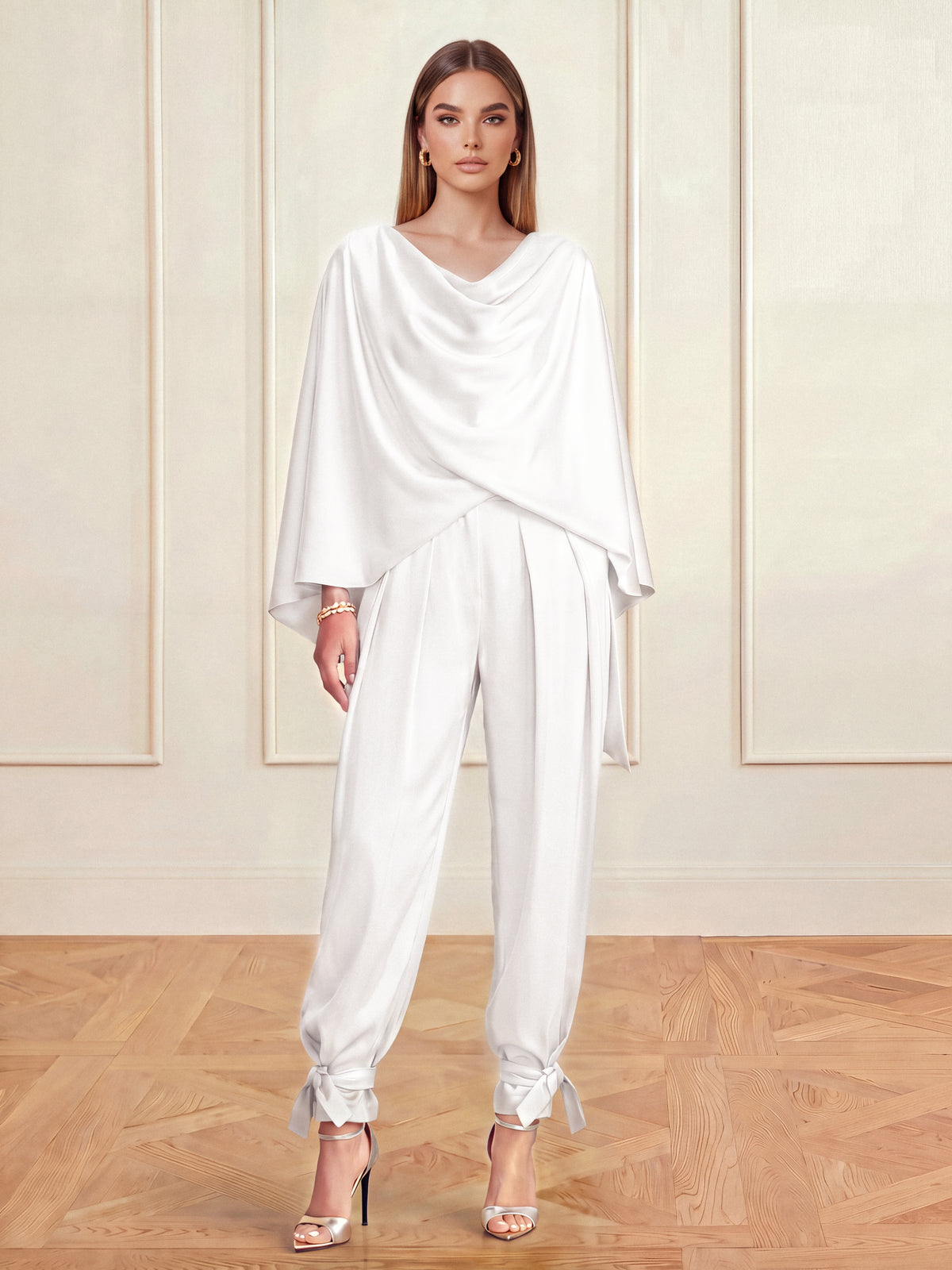 Satin Two-Piece Set with Draped Cape Top and Tie-Ankle Trousers, Optic White