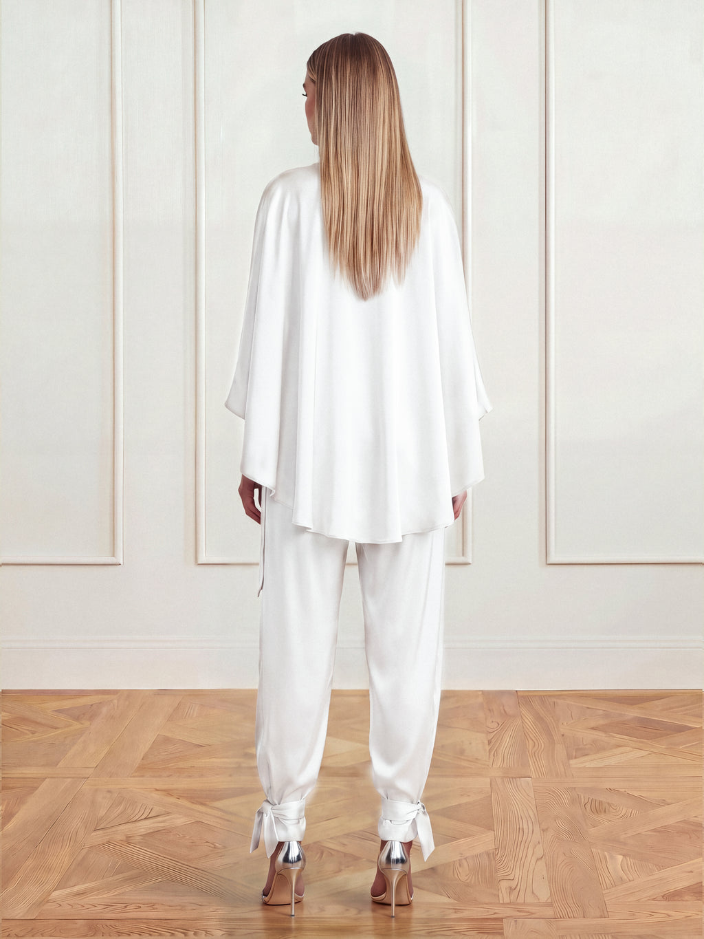 Satin Two-Piece Set with Draped Cape Top and Tie-Ankle Trousers, Optic White 3